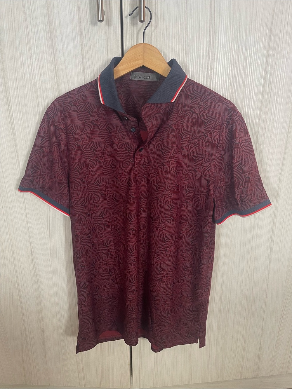 G/FORE Burgundy Patterned Polo with Contrast Navy Collar and Red Trim